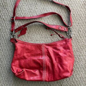 Roots Red Leather Crossbody Shoulder Bag Slouchy Hobo Purse Adjustable Strap